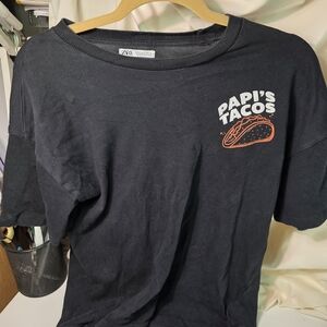 Zara Black Tee with White and Orange Graphic